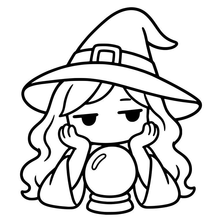 Bored Witch with Hands on Cheeks Above Crystal Ball — free characters SVG cut file