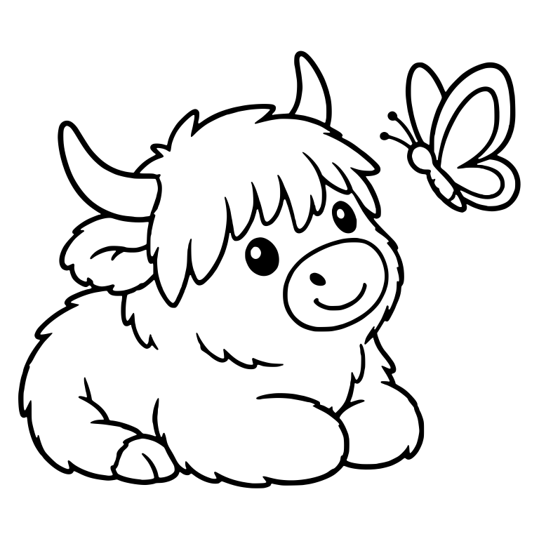 Lying Highland Calf Gazing Up at a Butterfly — free animal SVG cut file