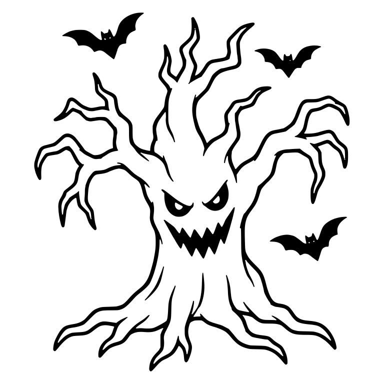 Angry Fanged Tree with Three Flying Bats — free fantasy-creature SVG cut file