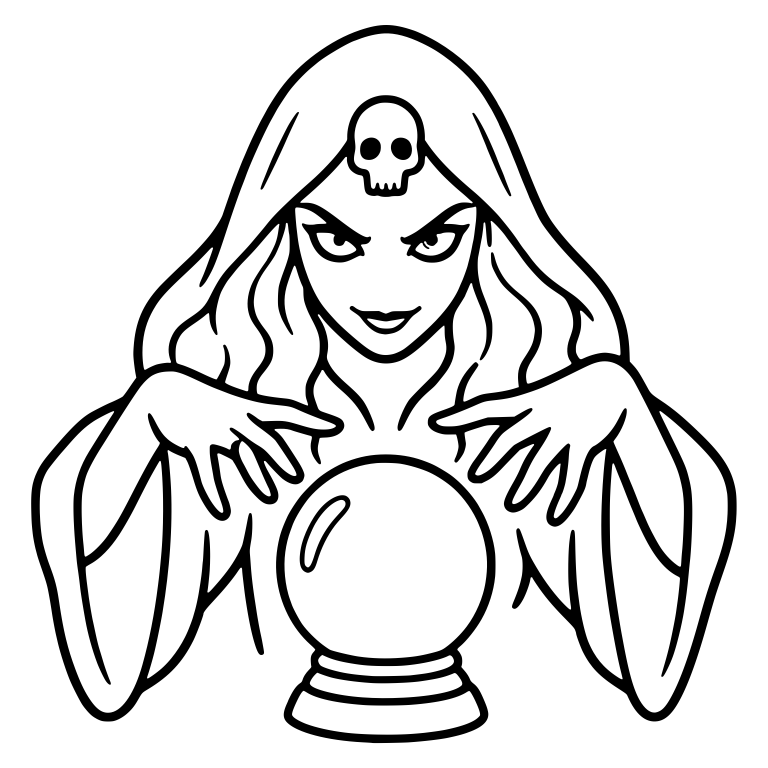 Hooded Fortune Teller With Skull Ornament and Crystal Ball — free characters SVG cut file
