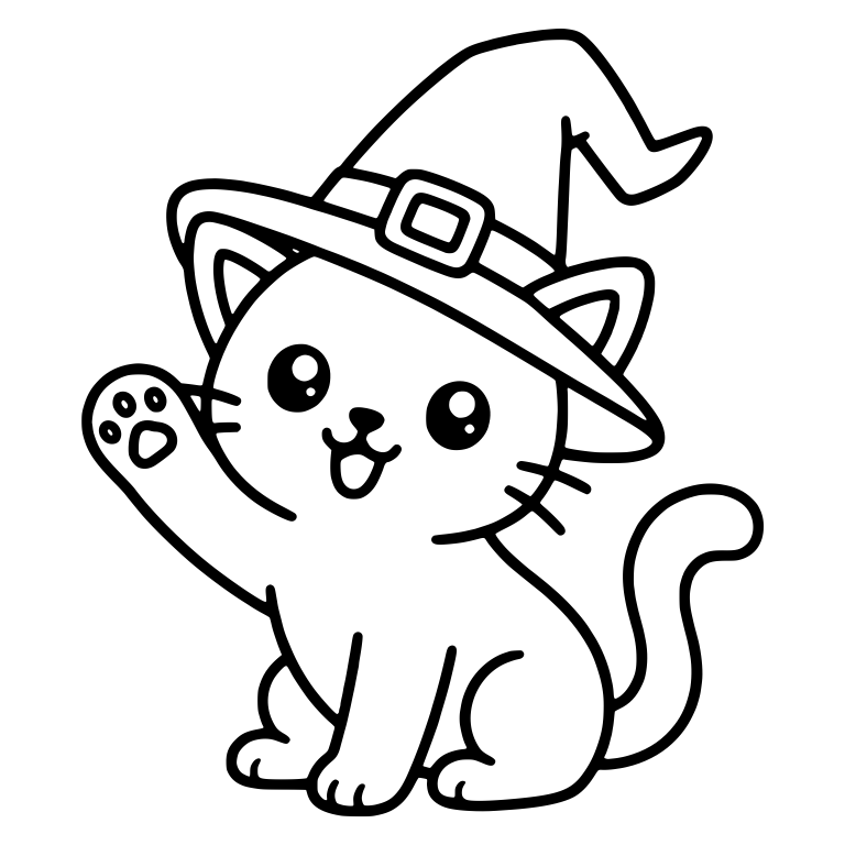 Happy Cat in Witch Hat Waving One Paw — free animal SVG cut file
