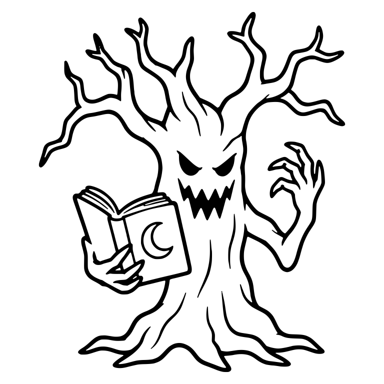 Spooky Tree Holding Crescent Moon Spellbook — free floral SVG cut file