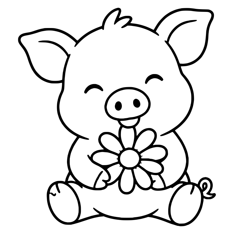 Sitting Piglet Hugging a Daisy with Closed Eyes — free animal SVG cut file