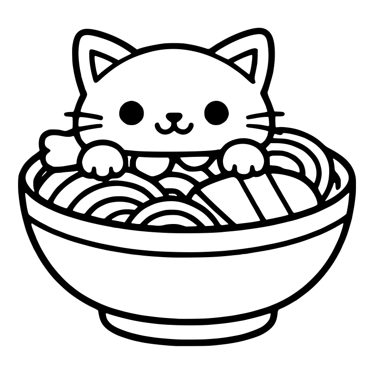 Cat in Noodle Bowl with Shrimp Tail and Sliced Topping — free animal SVG cut file