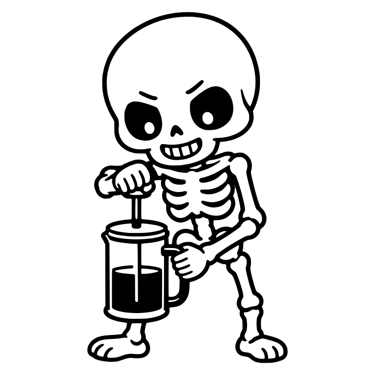 Grinning Skeleton Pressing a French Press Plunger — free skeleton SVG cut file