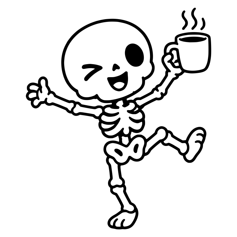 Winking Skeleton High-Kicking with a Coffee Mug — free skeleton SVG cut file