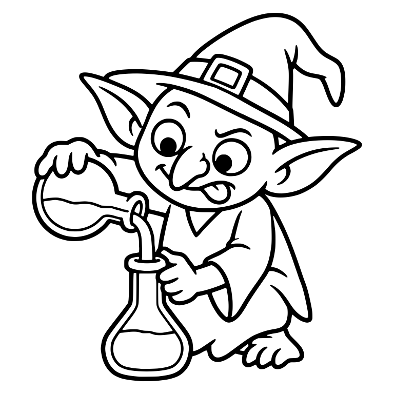Witch Hat Goblin Pouring Potion Between Two Flasks — free fantasy-creature SVG cut file