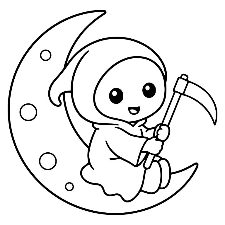 Happy Kawaii Reaper with Scythe on Crescent Moon — free characters SVG cut file
