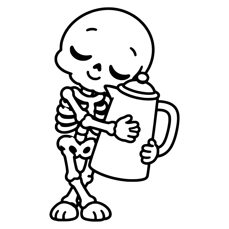 Sleepy Skeleton Cuddling a Tall Coffee Pot — free skeleton SVG cut file
