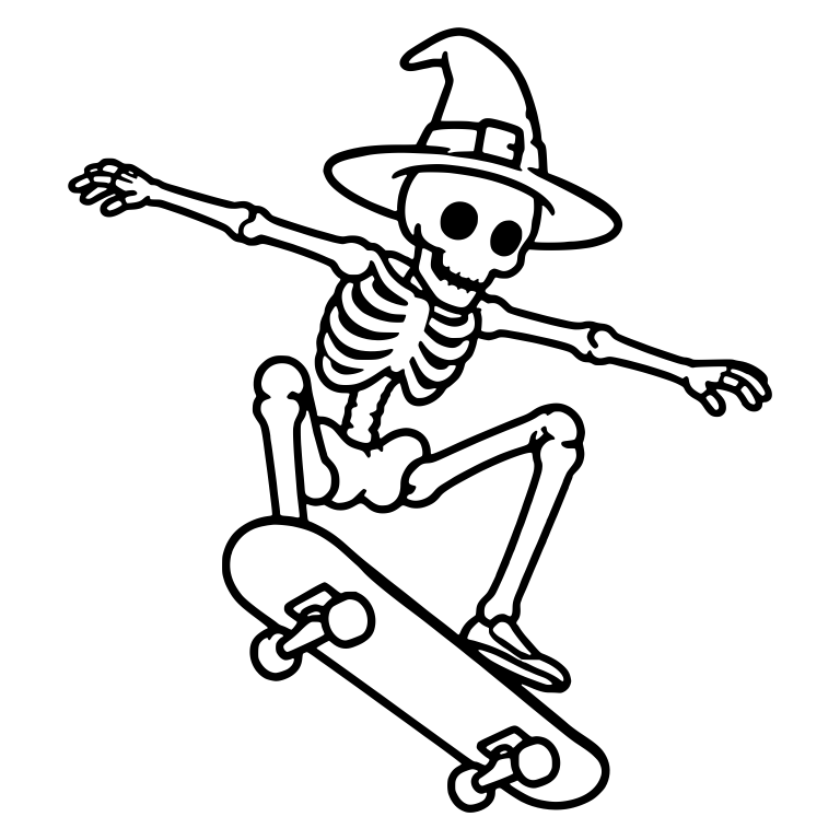 Skeleton in Witch Hat Flipping Skateboard Midair — free skeleton SVG cut file