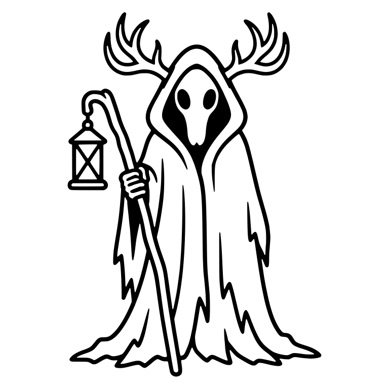 Antlered Hooded Figure With Bird Skull Face and Lantern — free fantasy-creature SVG cut file