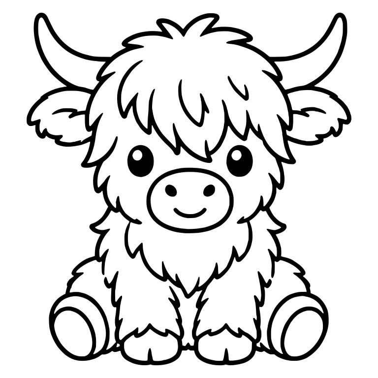 Smiling Highland Calf Sitting With Long Curved Horns — free animal SVG cut file