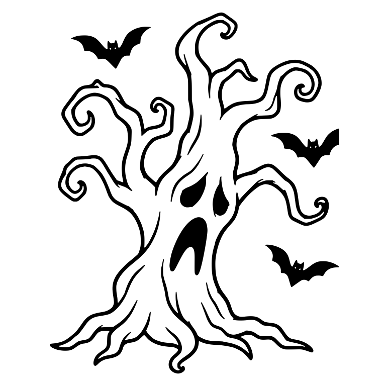 Curly Branch Wailing Tree with Three Flying Bats — free fantasy-creature SVG cut file