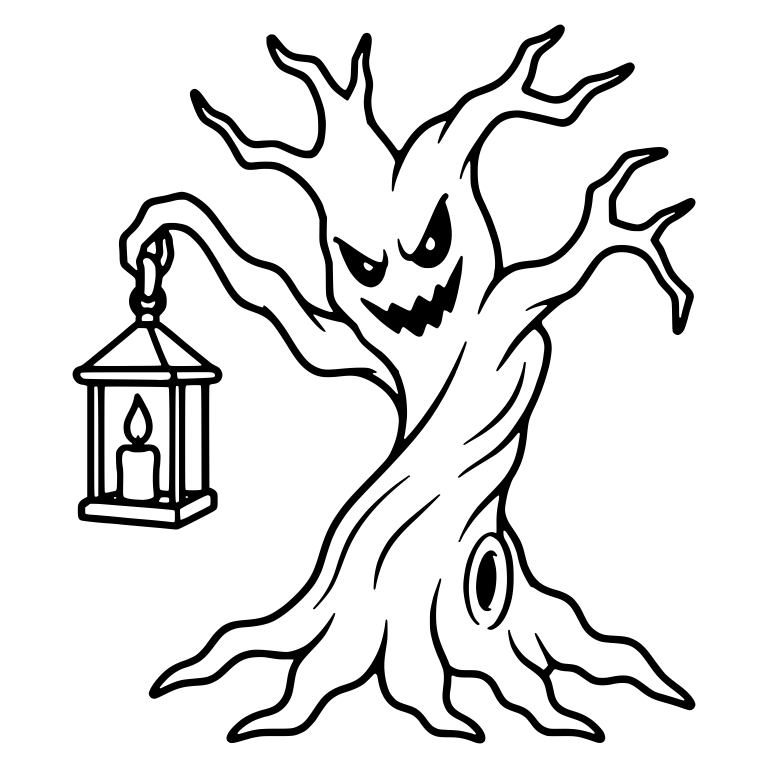 Twisted Trunk Grinning Tree Holding Lantern on Left — free fantasy-creature SVG cut file