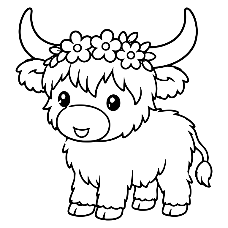Standing Highland Calf with Flower Crown and Long Horns — free animal SVG cut file