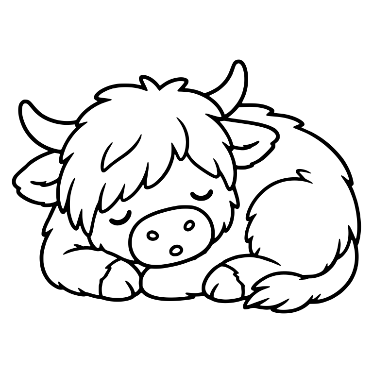 Curled Up Snoring Highland Cow With Bushy Tail — free animal SVG cut file