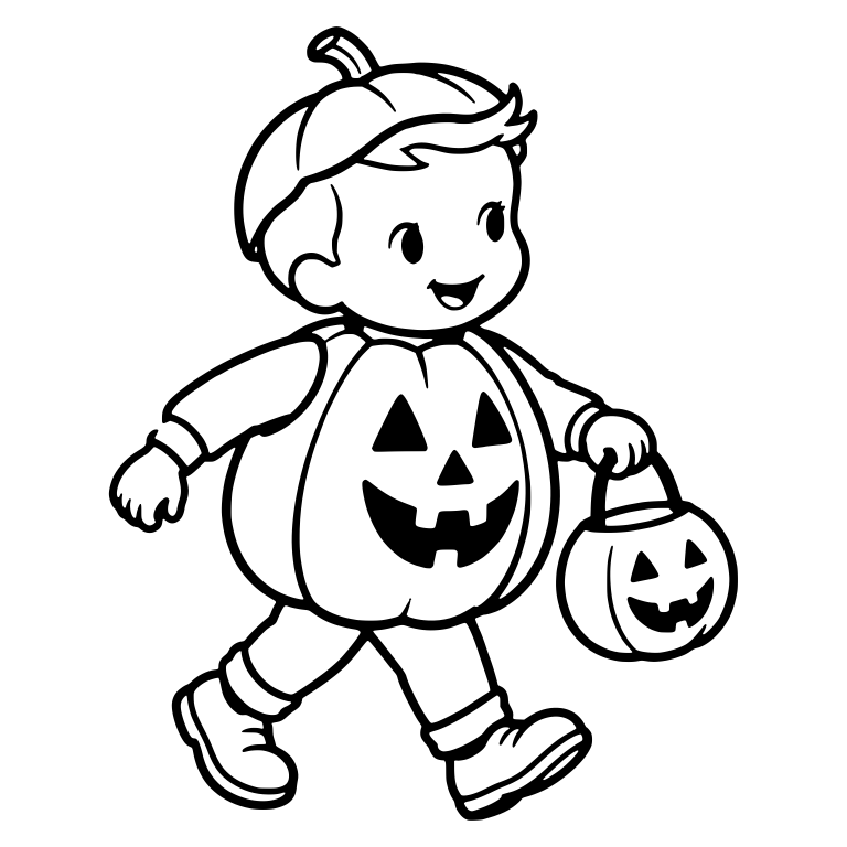 Boy in Pumpkin Costume Walking With Candy Bucket — free characters SVG