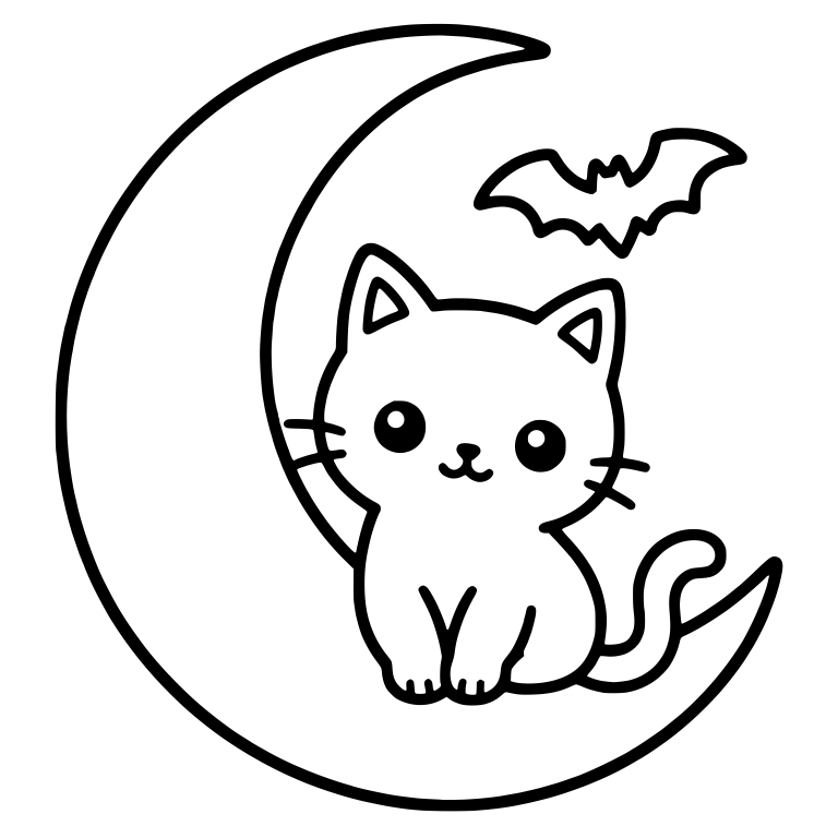 Kawaii Cat Sitting on a Crescent Moon With a Bat — free animal SVG cut file