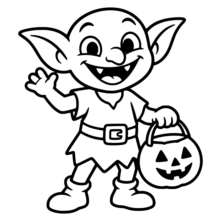 Waving Goblin Trick-or-Treater with Pumpkin Bucket — free fantasy-creature SVG cut file