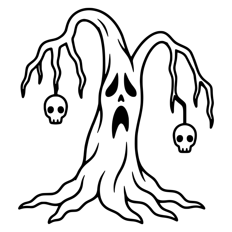 Drooping Wailing Tree with Two Dangling Skulls — free fantasy-creature SVG cut file