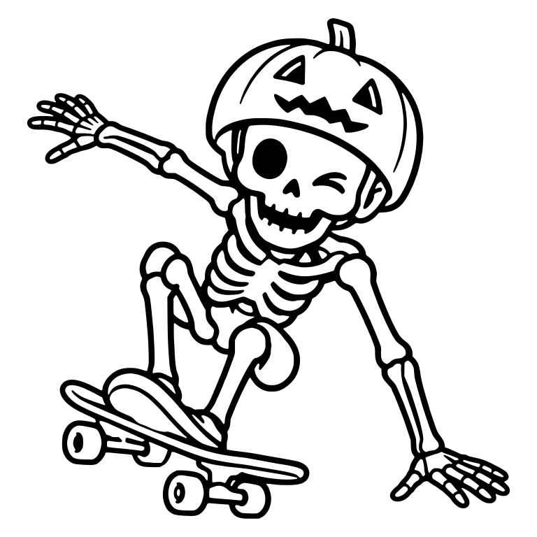 Winking Skeleton Skateboarder In Pumpkin Helmet — free skeleton SVG cut file