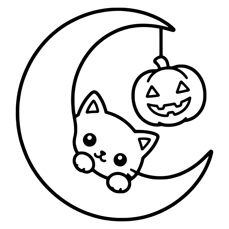 Kawaii Cat Peeking Over Crescent Moon With Hanging Pumpkin — free animal SVG cut file