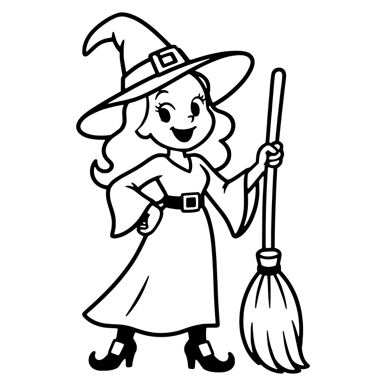 Cheerful Witch with Hand on Hip Holding Broom — free characters SVG cut file