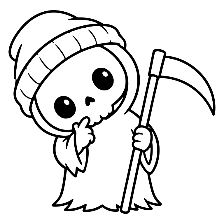 Curious Beanie Reaper With Finger On Chin And Scythe — free characters SVG cut file