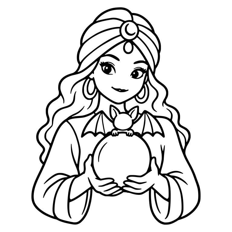 Fortune Teller Cradling Crystal Ball With Tiny Bat — free characters SVG cut file