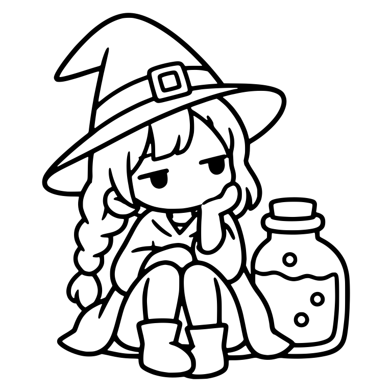 Bored Witch Sitting Beside Big Potion Jar, Hand on Cheek — free characters SVG cut file