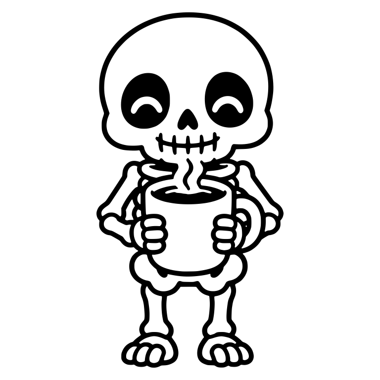 Standing Skeleton Hugging a Steaming Coffee Mug — free skeleton SVG cut file