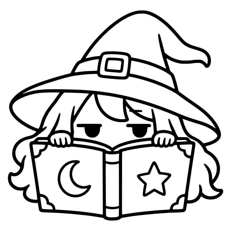 Bored Witch Peeking Over Spellbook With Moon And Star — free characters SVG cut file