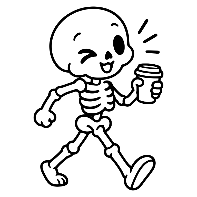 Kawaii Skeleton Winking While Walking With Takeaway Coffee — free skeleton SVG cut file