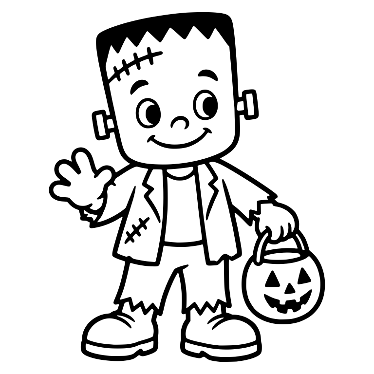 Frankenstein Kid Waving With Pumpkin Pail — free fantasy-creature SVG cut file