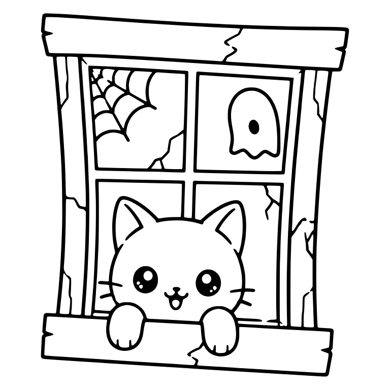 Kawaii Cat Peeking Out of a Cracked Cobweb Window — free animal SVG cut file