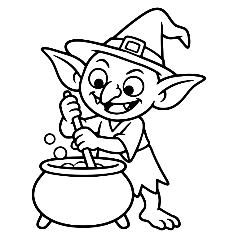 Witch Hat Goblin Stirring a Bubbling Cauldron — free fantasy-creature SVG cut file