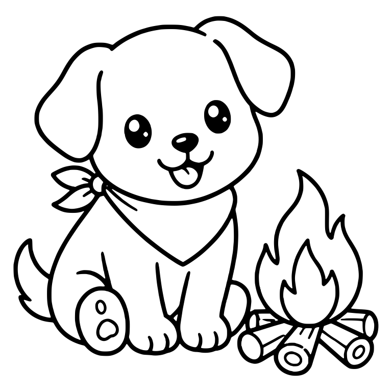 Wide-Eyed Puppy in Bandana Sitting Next to Campfire — free animal SVG cut file