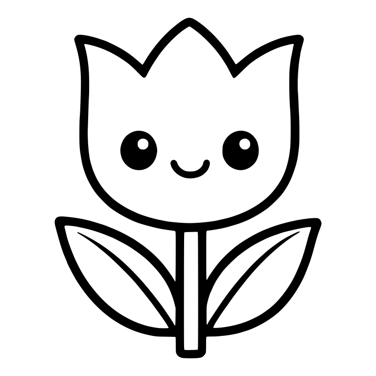 Smiling Kawaii Tulip With Three-Point Crown and Two Leaves — free floral SVG cut file