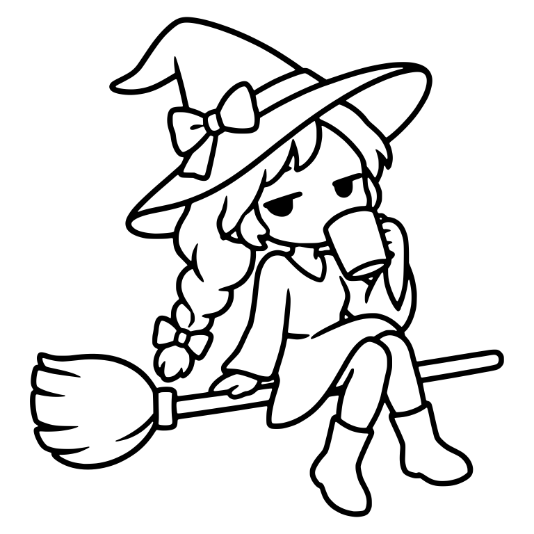 Bored Witch Sipping Coffee While Sitting on Broom — free characters SVG cut file
