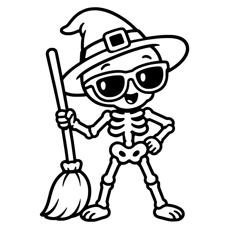 Skeleton in Witch Hat and Sunglasses Holding Broom — free skeleton SVG cut file