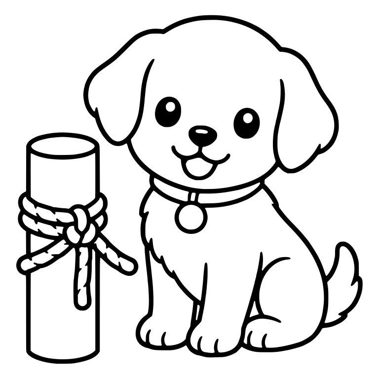 Puppy with Collar Tag Sitting Beside Rope-Wrapped Post — free animal SVG cut file
