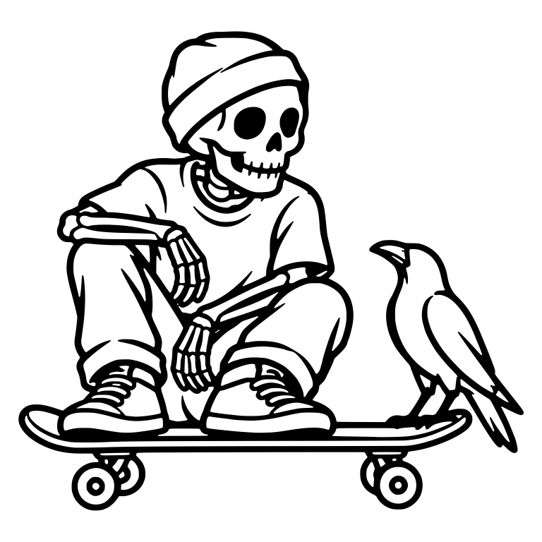 Seated Skeleton Skater In Beanie With Raven On Board — free skeleton SVG cut file