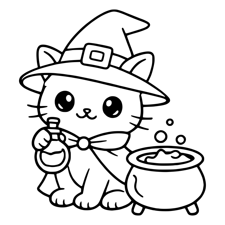 Witch Cat with Potion Bottle and Bubbling Cauldron — free animal SVG cut file