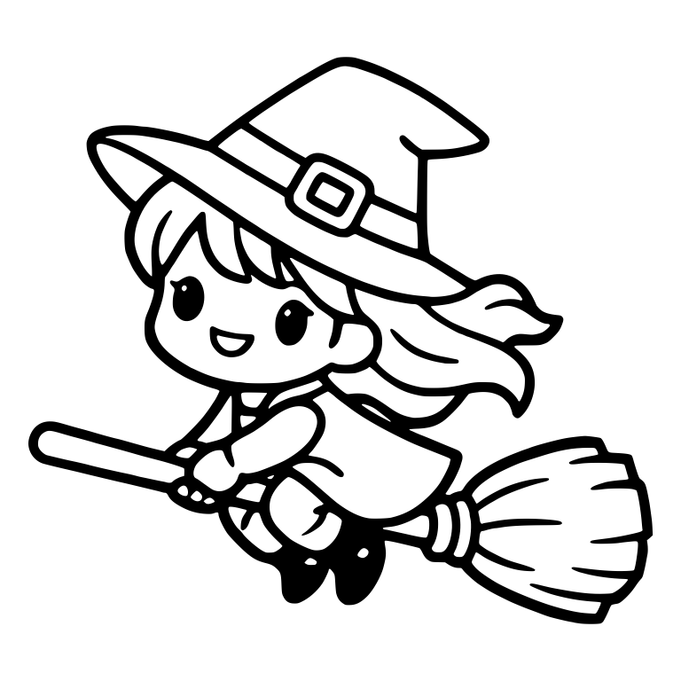 Happy Witch Girl on Broom with Open Smile and Buckle Hat — free characters SVG cut file