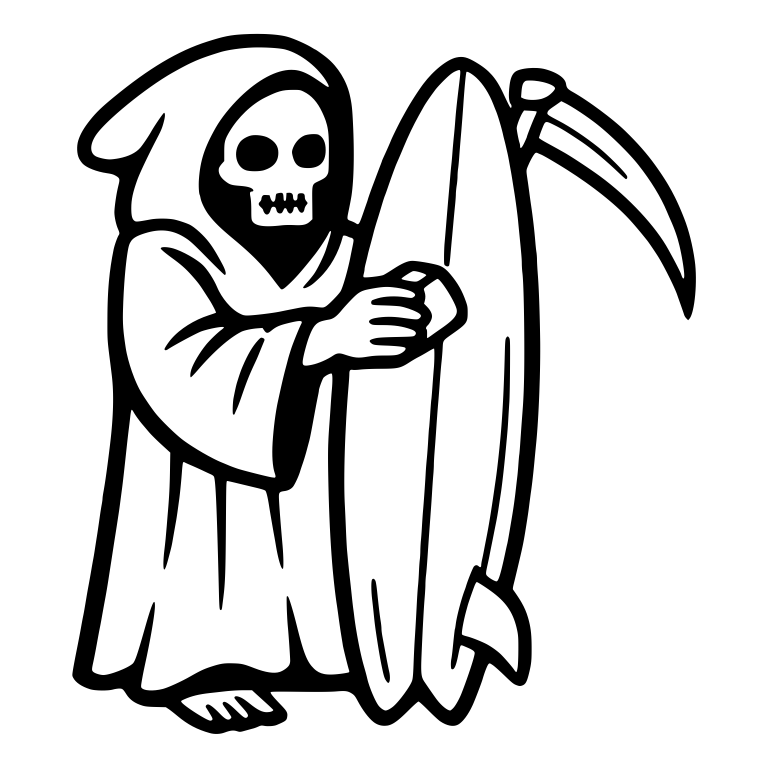 Reaper Hugging Surfboard with Scythe Behind — free characters SVG cut file
