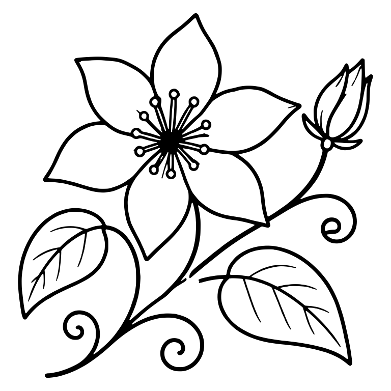 Five-Petal Flower With Fine Stamens, Bud and Curly Vines — free floral SVG cut file