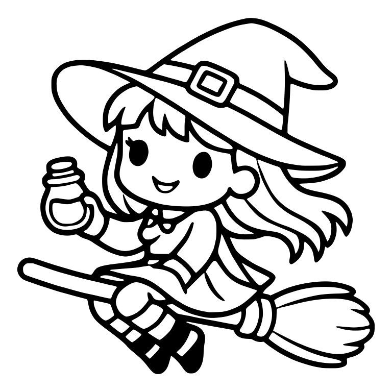 Witch Girl on Broom Holding a Potion Jar — free characters SVG cut file