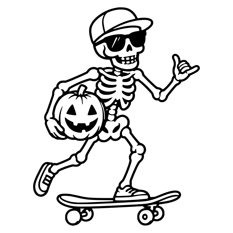 Skeleton in Cap and Shades with Pumpkin Shaka Sign — free skeleton SVG cut file