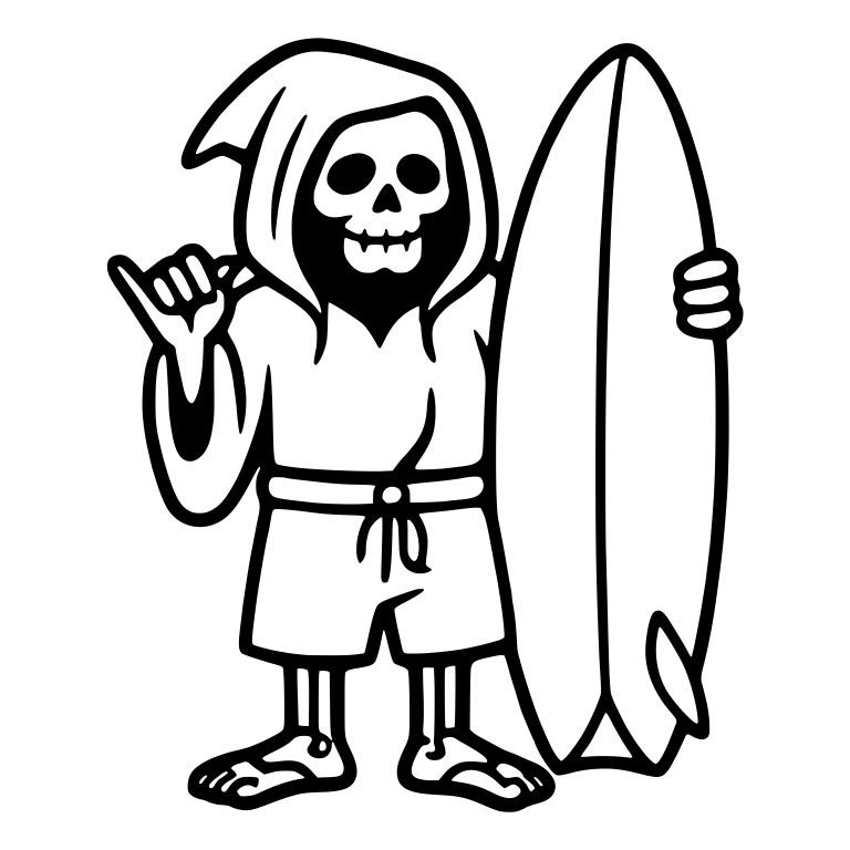Grim Reaper in Boardshorts Holding Surfboard with Shaka — free characters SVG cut file