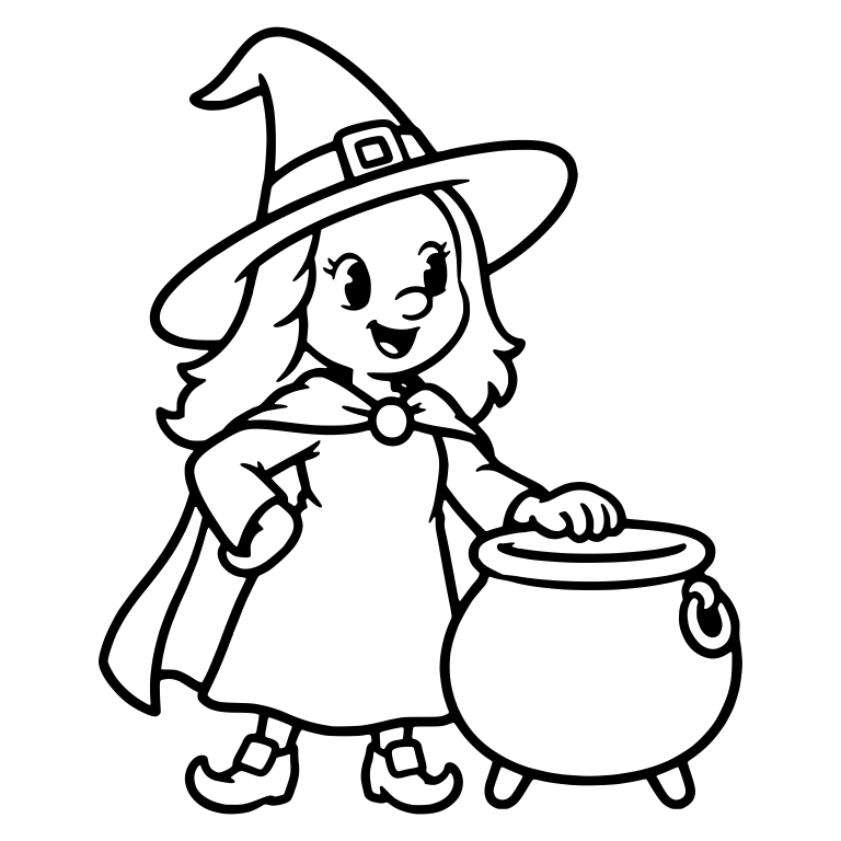 Little Witch Girl With Pointed Hat Beside Cauldron — free characters SVG cut file